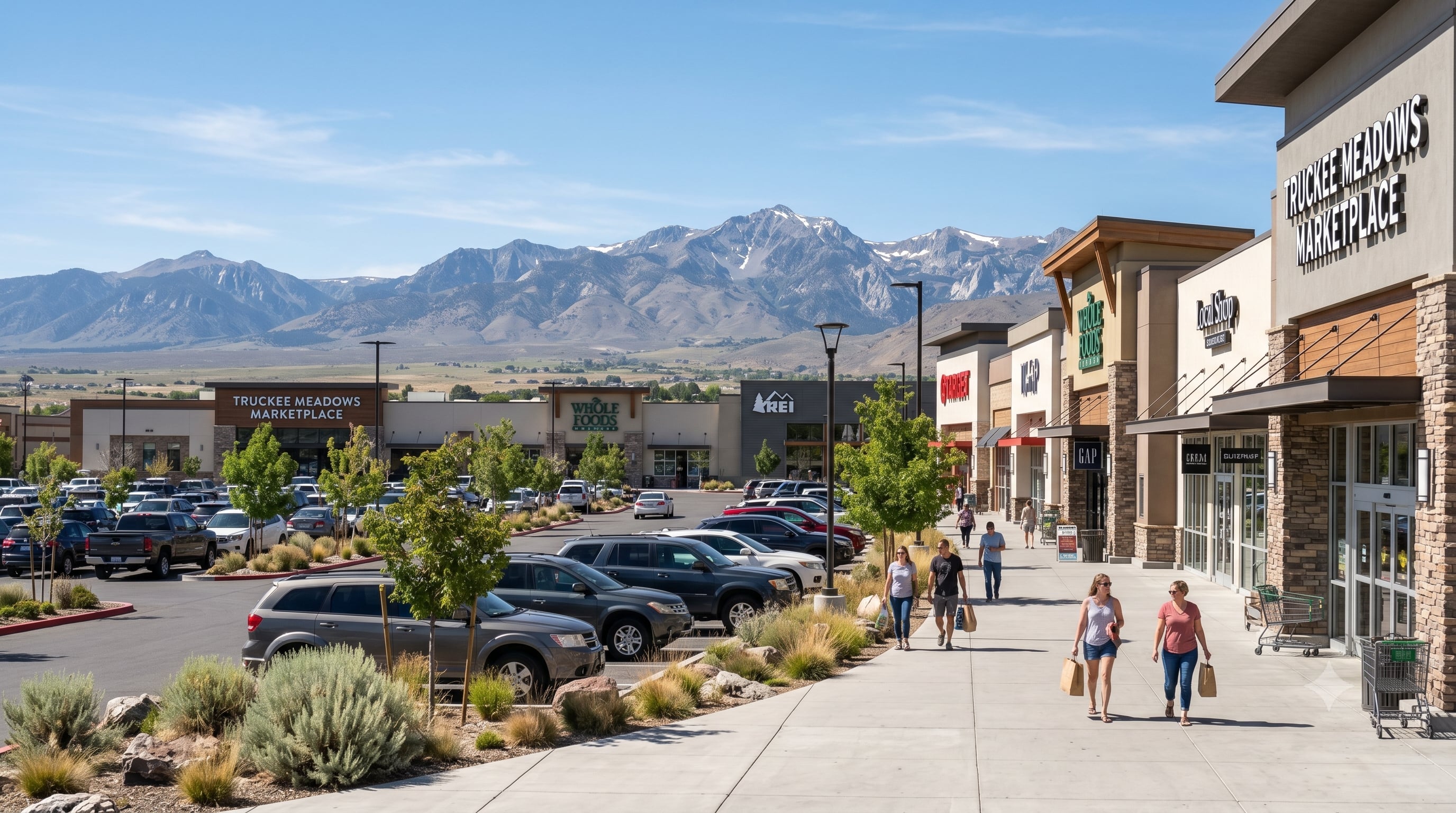 Outdoor shopping center with storefronts, shoppers, and mountain backdrop in Northern Nevada